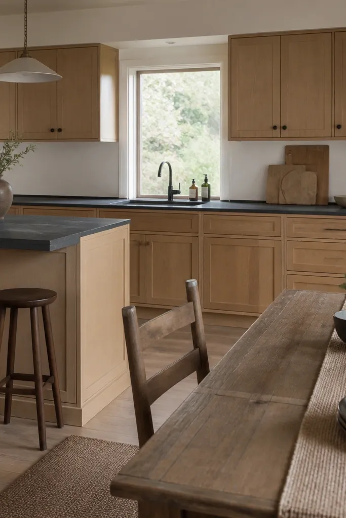 White oak cabinets in satin finish with minimal hardware. The countertops are a soft gray with a matte soapstone look. A farmhouse-style dining table sits nearby with gray ceramic dishes and a woven runner.