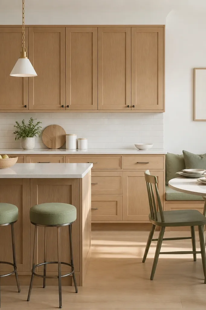 White oak cabinets with shaker doors and satin finish. The backsplash is white or very light cream tile. Dining area shows sage green chairs or a sage banquette cushion, with white tableware under a soft pendant.
