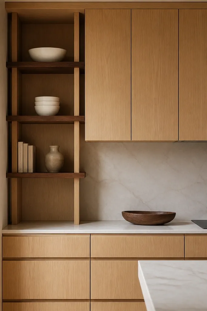 White oak cabinets with closed uppers and drawers. One section has open shelving in walnut with white oak vertical supports. The shelves hold white bowls, a small stack of cookbooks, and a ceramic vase.