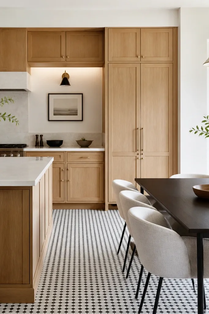 White oak cabinets with shaker doors and satin finish. A black-and-white check or small geometric tile floor runs through the kitchen. The dining table has black metal legs and white upholstery on chairs.