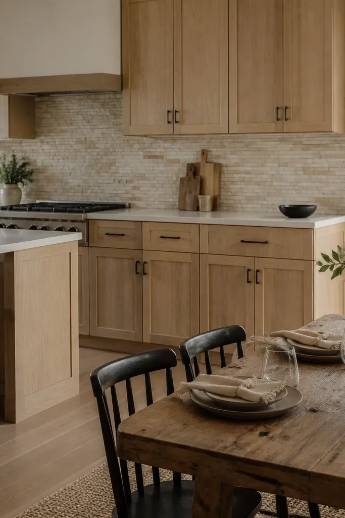 White oak cabinets in satin finish with black pulls. The backsplash looks like stacked stone in light cream and tan tones. The dining area has a rustic wood table and neutral linen napkins.