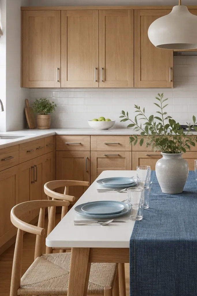 White oak cabinets with shaker doors, satin finish, and brushed nickel pulls. The backsplash is a pale white tile. Dining area shows light blue ceramic plates, a blue runner, and a white table with natural wood legs.