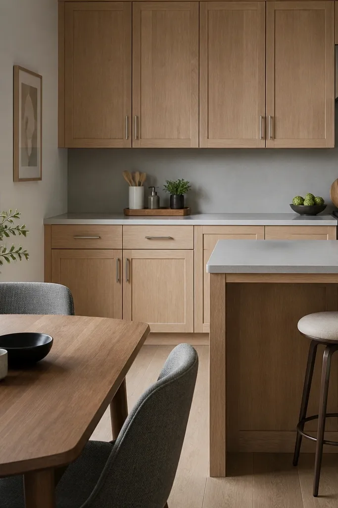 White oak cabinets with satin finish and simple bar pulls in brushed nickel. The countertop is a monochrome gray quartz with minimal veining. Dining area has gray upholstered chairs and a warm wood table.