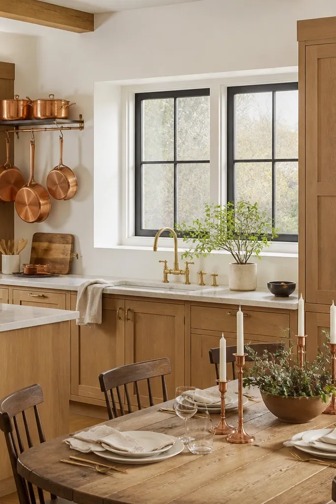 White oak cabinets with shaker doors and satin finish. A brass faucet sits under a window, and copper cookware is visible on a pot rack or shelf. The dining area shows copper candle holders and warm white plates.
