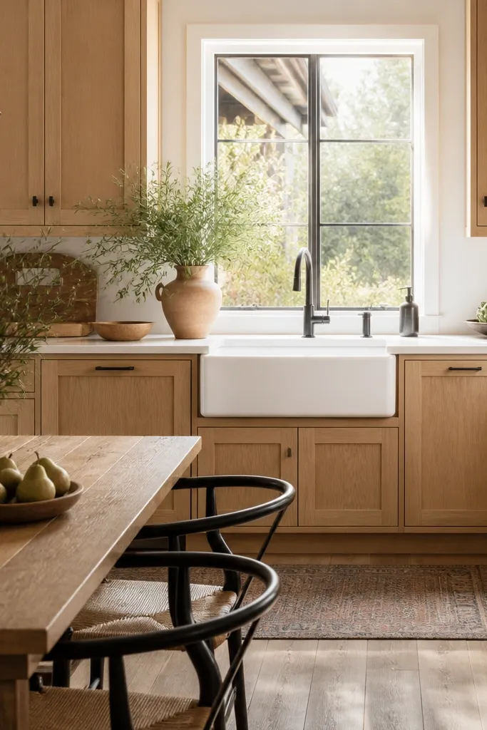 White oak cabinets with shaker doors and matte finish. A deep farmhouse sink in white sits under a window, with matte black faucet and matching soap dispenser. The dining area has a rustic wood table and black metal chair frames.