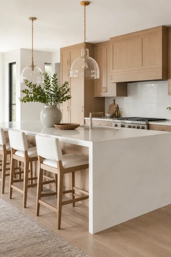 White oak cabinets with shaker doors and satin finish surround a large island. The island has a soft white quartz waterfall edge down to the floor. Dining area includes white upholstered bar stools and a neutral runner.