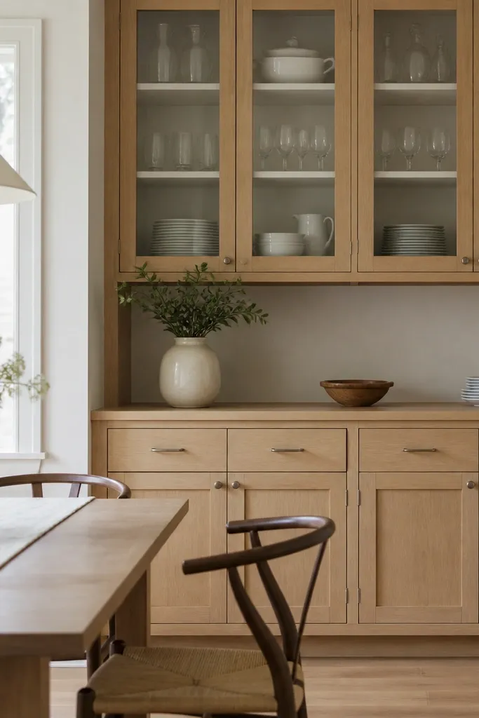 White oak cabinets with shaker doors, satin finish. The upper section has glass-front doors with white interior shelves. Hardware is small brushed nickel pulls, and the dining area shows glassware and white dishes on display.