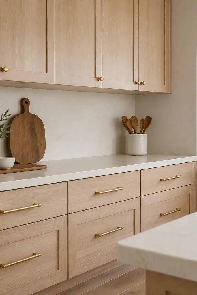 A kitchen run of flat shaker-style white oak cabinet doors with warm creamy grain. Drawers have long bar pulls in a soft champagne brushed gold finish. Upper cabinets have matching round knobs. The counters are light quartz with a subtle warm tone.