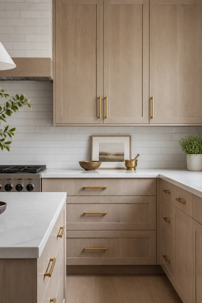 White oak cabinets with more gray-tan grain and straight, even lines. Hardware is satin brass with a low sheen, shown as simple bar pulls on drawers and single pulls on doors. The backsplash is white subway tile with cool grout lines.