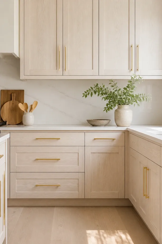 A bright kitchen with white oak cabinets in a lighter, almost creamy finish. Hardware is polished gold with a reflective, mirror-like surface, shown as long linear pulls on drawers and doors. The space has white walls and a light stone countertop.
