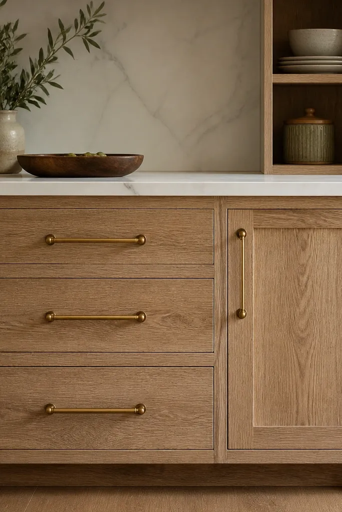 White oak cabinets with more pronounced, textured grain and darker streaks. Hardware is antique gold with visible patina - slightly darker at edges. Drawers use bar pulls with rounded ends, and doors use single pulls aligned neatly.