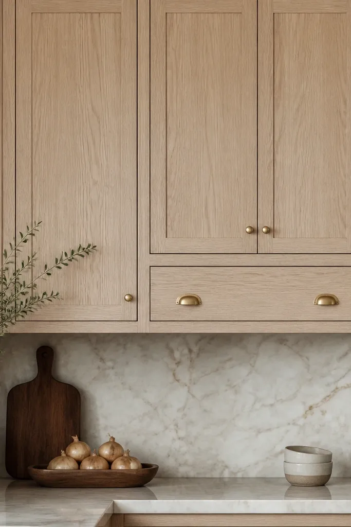 Upper cabinets in white oak with inset-style doors. Hardware shows matte brushed gold knobs on some doors and small cup pulls on others. The finish looks low sheen and soft against the warm wood.