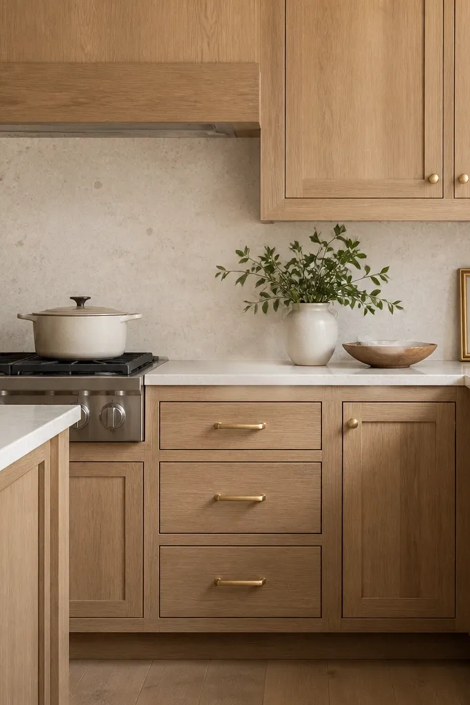 A white oak kitchen where drawer pulls are satin brass and cabinet knobs on the doors are champagne gold. The finishes are clearly different but both warm. The backsplash is a pale cream stone with subtle specks.