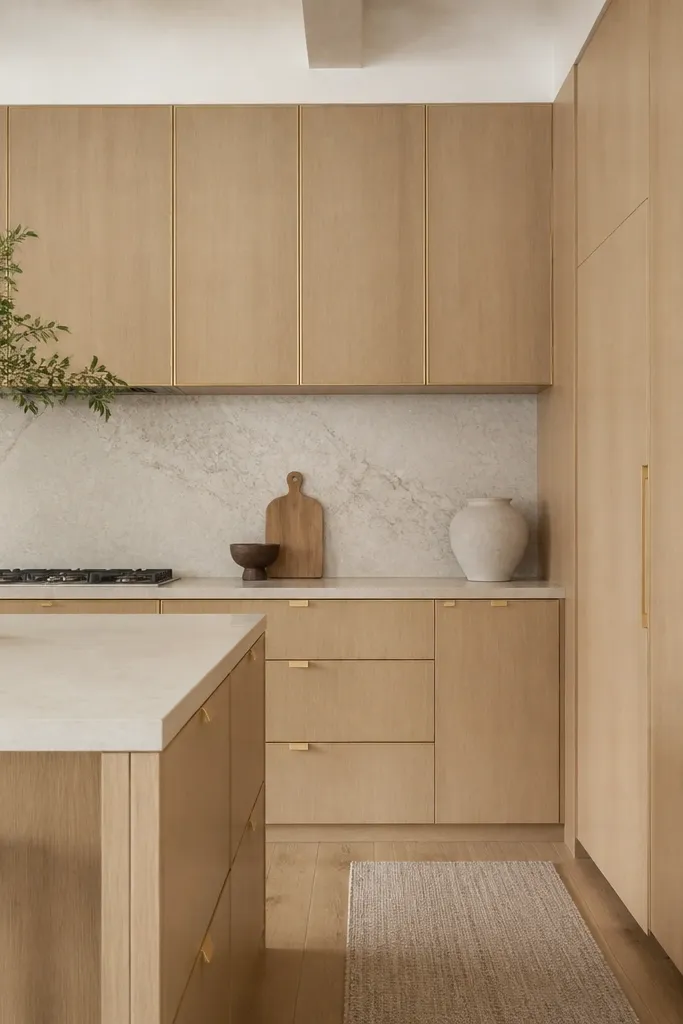 White oak cabinets with minimal seams. Doors look almost handle-free, but there are slim recessed finger pulls in gold metal. Drawers have small matching gold pulls. Everything looks flush and clean.