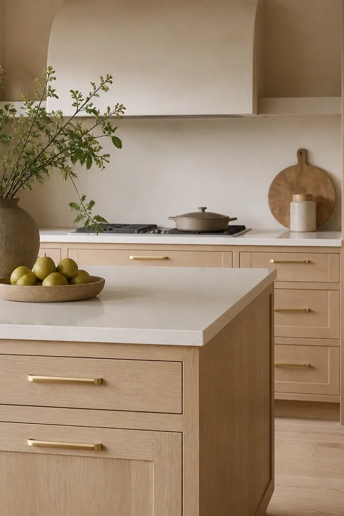 White oak shaker cabinetry with rounded bar pulls in brushed gold. The bars have soft radiused ends and sit centered on drawer fronts and door rails. The kitchen has beige walls and a warm white countertop.
