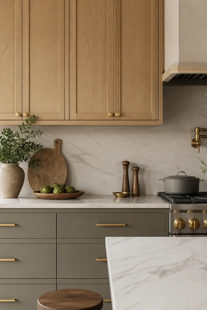 Upper white oak cabinets show small round gold knobs. Lower cabinets have long gold bar pulls centered on each drawer. The hardware is a consistent satin gold finish.