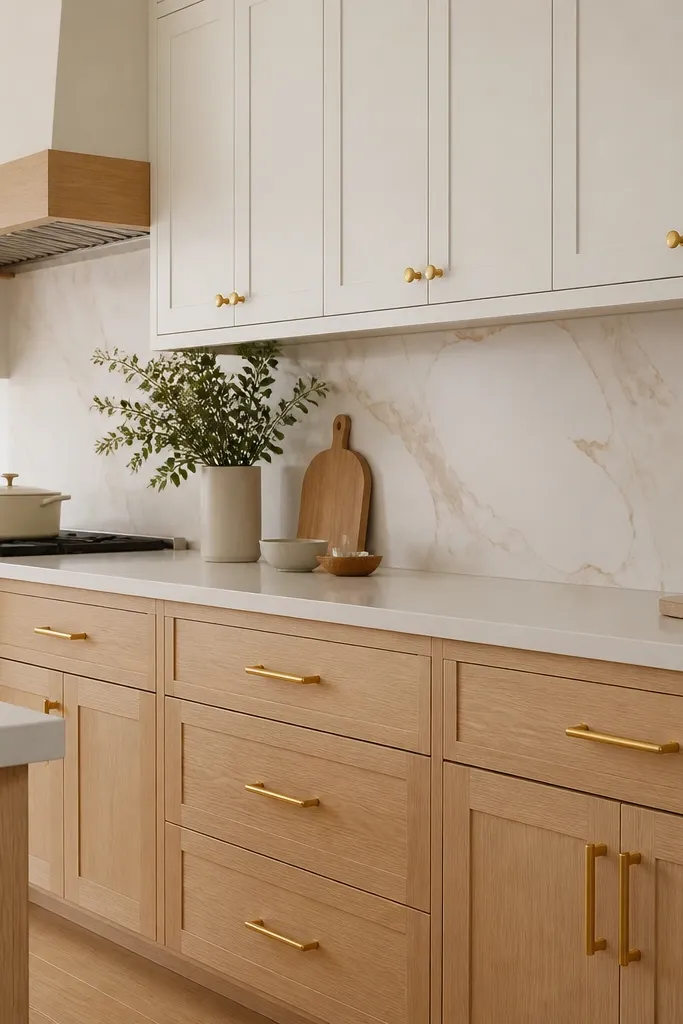 A two-tone kitchen wall: lower cabinets are white oak while upper cabinets are painted a soft off-white. Gold hardware is consistent across both, with bar pulls on drawers and knobs on upper doors. The gold ties the oak and paint together.