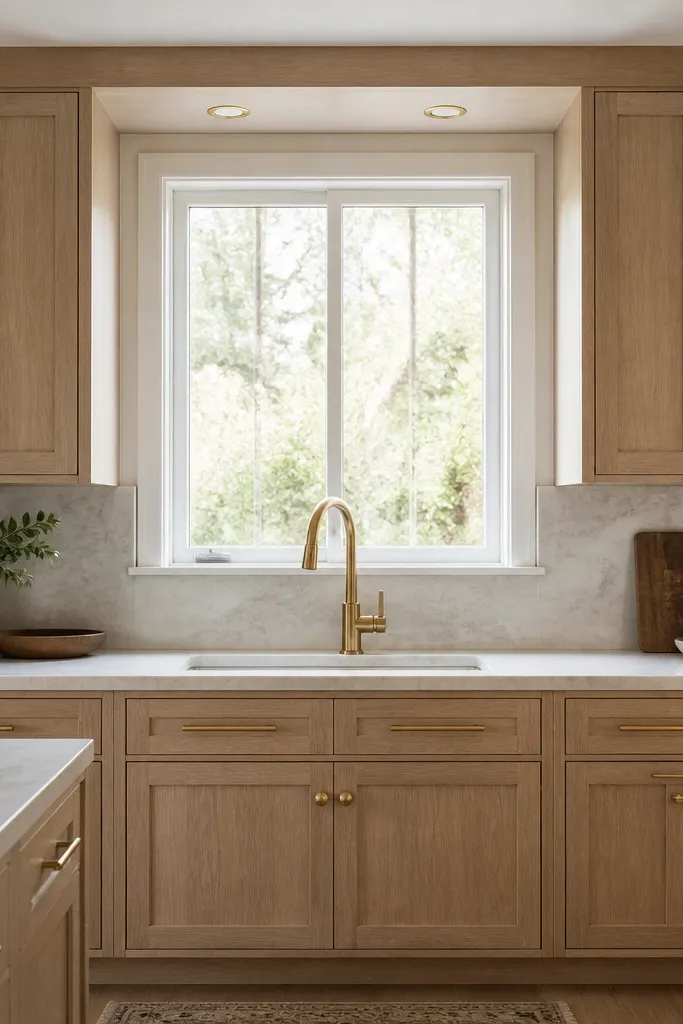 White oak cabinets with gold bar pulls and knobs. A brass-toned kitchen faucet sits centered at the sink area. Above, cabinet lights have gold-toned trim around their fixtures.