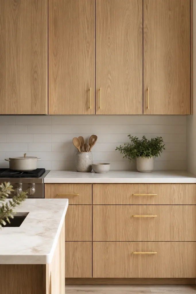White oak cabinets with a more vertical-grain look. Hardware is gold bar pulls with clean lines and a satin finish. The backsplash is simple and the counters are light with subtle veining.