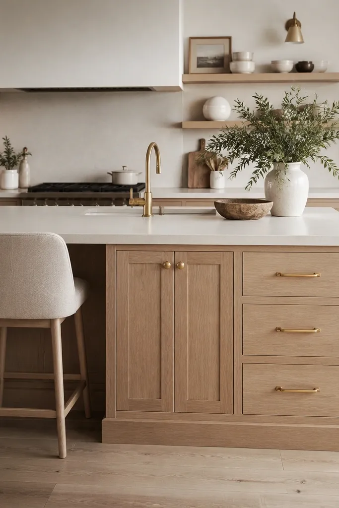 A white oak kitchen island with gold bar pulls on drawers and gold knobs on cabinet doors. The island has seating with two stools in a warm neutral fabric. The rest of the kitchen has similar wood and lighter countertops.