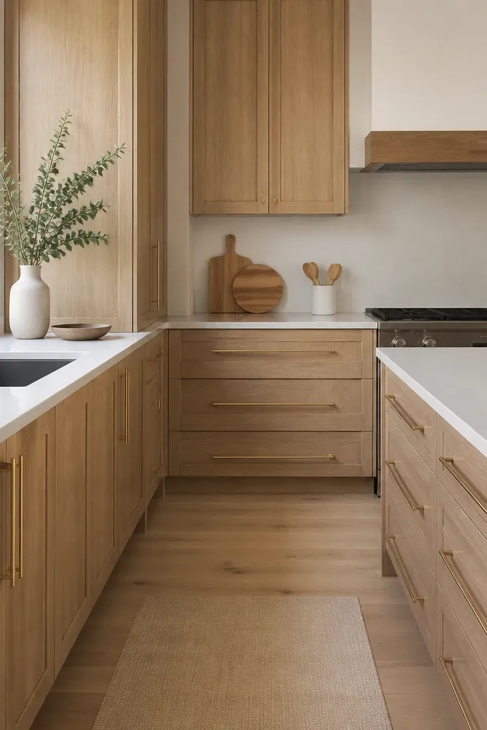 White oak shaker cabinets with large, bold gold bar pulls that span most of the drawer width. Door pulls are long and centered, giving a strong vertical rhythm. The kitchen has a clean, minimal backsplash.
