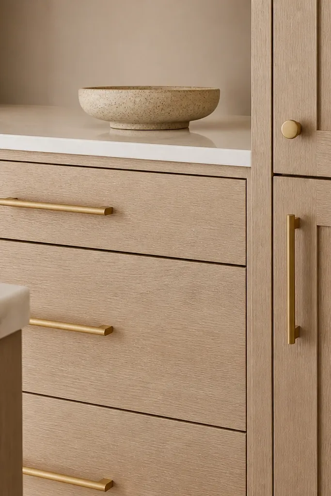 White oak cabinets with matte gold hardware. Pulls and knobs have a very low sheen, almost like a satin paint. The kitchen lighting is warm and the cabinets look calm even in close-up.