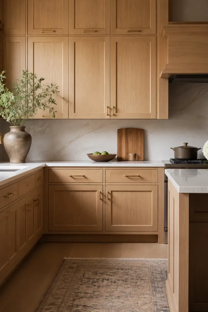 White Oak Kitchen Cabinets with gold hardware