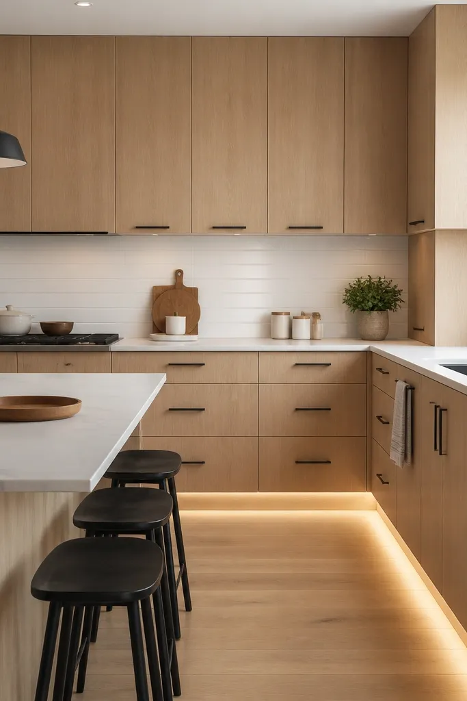 Modern kitchen with flat slab cabinet doors in light white oak. Upper cabinets run to near the ceiling, with a continuous 4-inch toe-kick LED strip glowing along the base. Countertops are warm white quartz, backsplash is small-format matte white subway tile, and the hardware is brushed black bar pulls.