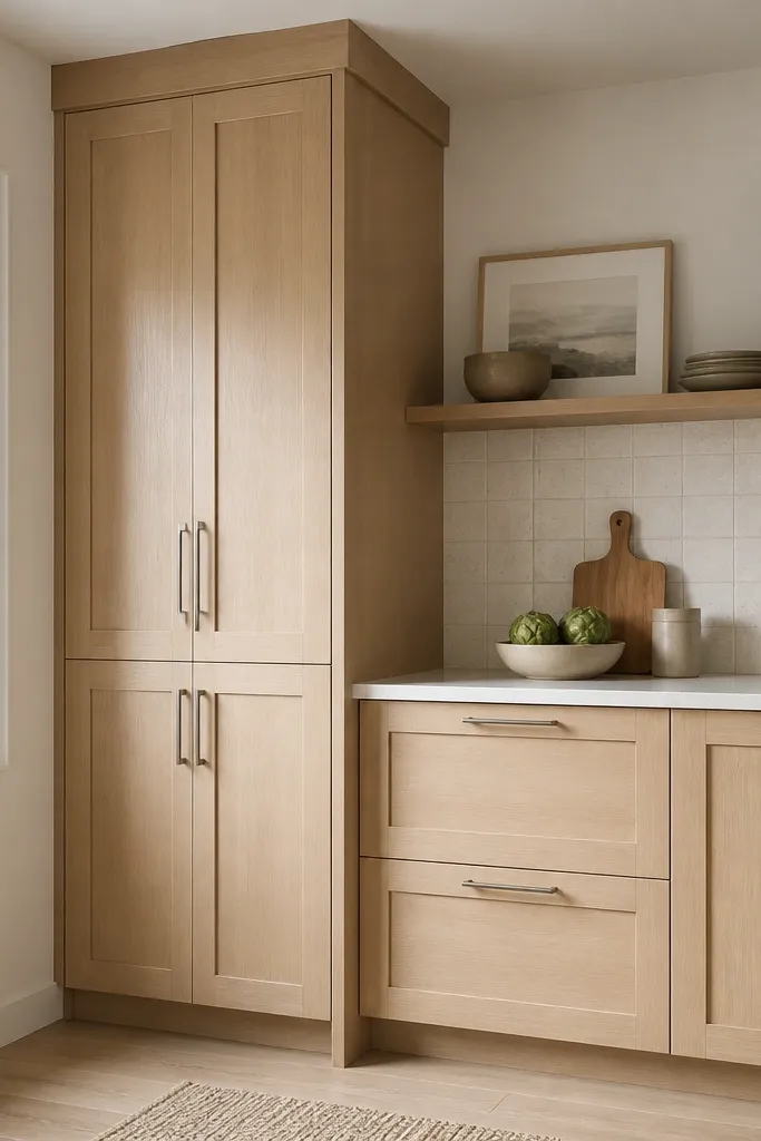 Compact kitchen corner with shaker cabinet doors in light white oak. A tall pantry column reaches the ceiling next to a shorter counter run. The backsplash is off-white ceramic with a subtle speckle. Hardware is satin nickel, and the cabinet faces have simple recessed shaker frames with straight lines.