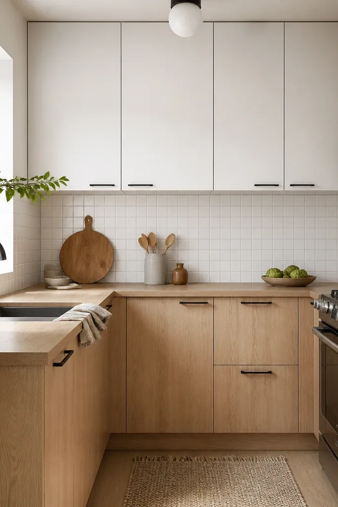 Small kitchen with white upper cabinets and light white oak lower cabinets. The upper doors are flat-front white, paired with thin black pulls. The backsplash is a clean white tile with a tiny gray grout line. Countertops are light oak-toned laminate or quartz with warm undertones.