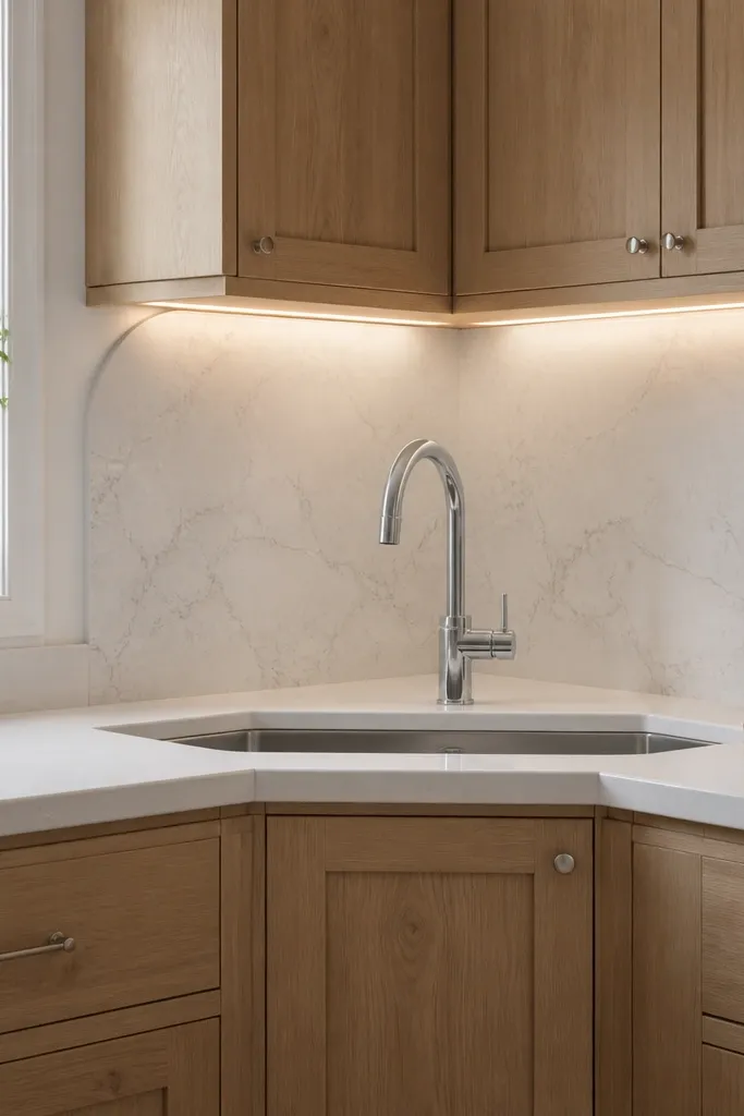 Kitchen corner featuring a corner sink with a rounded quartz backsplash edge. White oak cabinets wrap the corner with shaker doors. The backsplash is a single continuous slab-like quartz panel at the sink. Lighting includes a small chrome gooseneck faucet and under-cabinet LEDs.