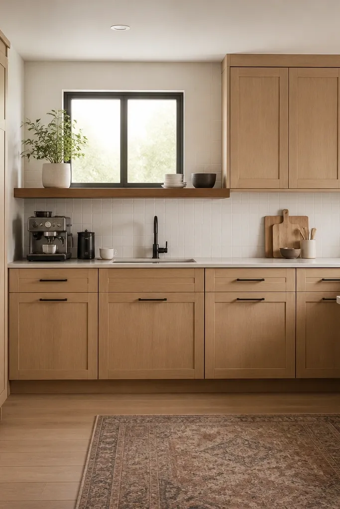 L-shaped kitchen with light white oak cabinets, clean shaker faces, and a single open shelf under a window. The shelf is walnut and runs horizontally above a coffee station. The backsplash is matte white tile, and the rest of the cabinets have no upper clutter.