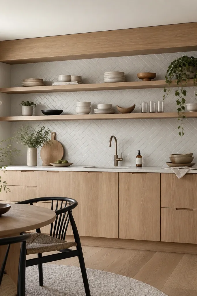 Small dining-kitchen combo with white oak lower cabinets and open shelving above. The open shelves sit under a simple soffit panel in the same white oak tone. The backsplash is a pale gray herringbone tile, and the countertop is light stone.