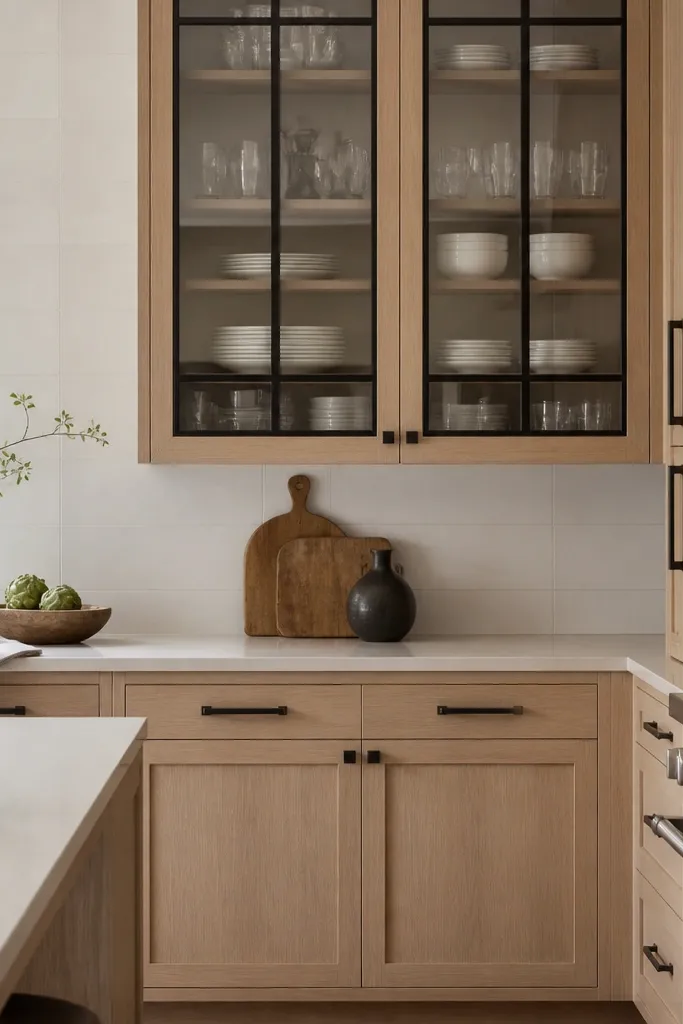 Compact kitchen with white oak shaker cabinets. Upper cabinets have glass-front doors with black mullion frames. Inside, white plates and clear glass are visible. The backsplash is matte white with minimal grout lines, and the countertop is warm cream quartz.