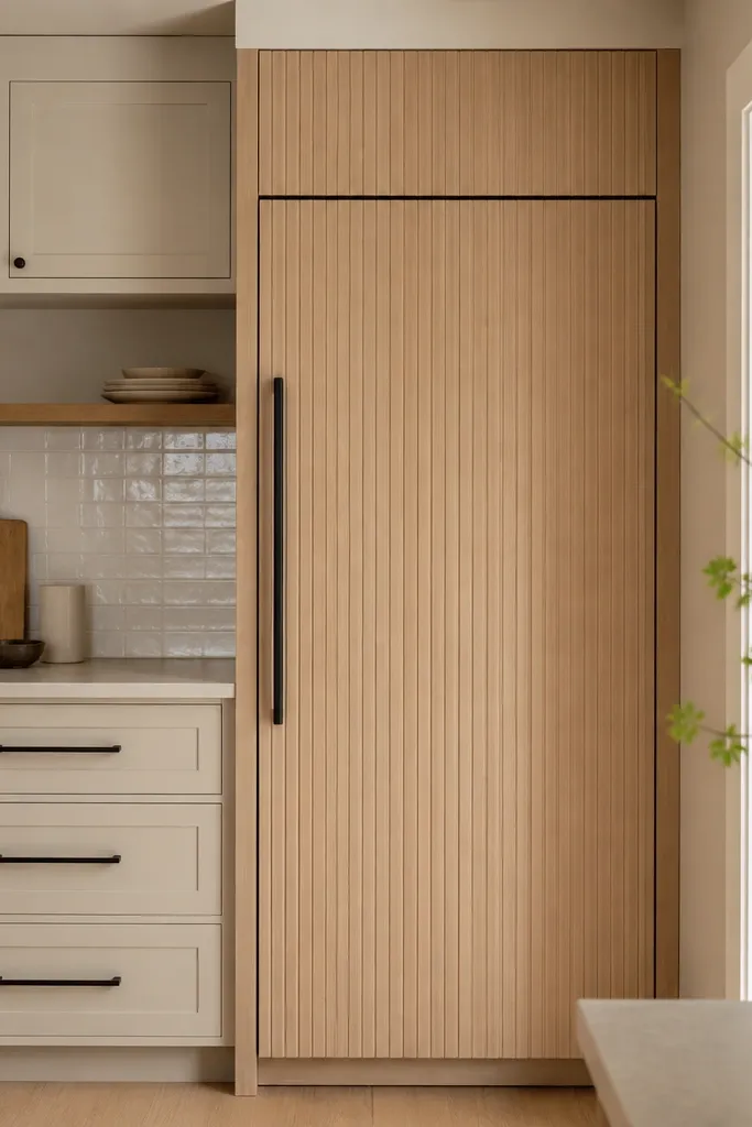 Small kitchen with a fridge set into a cabinet surround. The surround has vertical slat paneling in light white oak, while the rest of the cabinets are shaker style. A matte black handle runs on the fridge door panel. The backsplash is simple white tile, and the countertop is light stone.