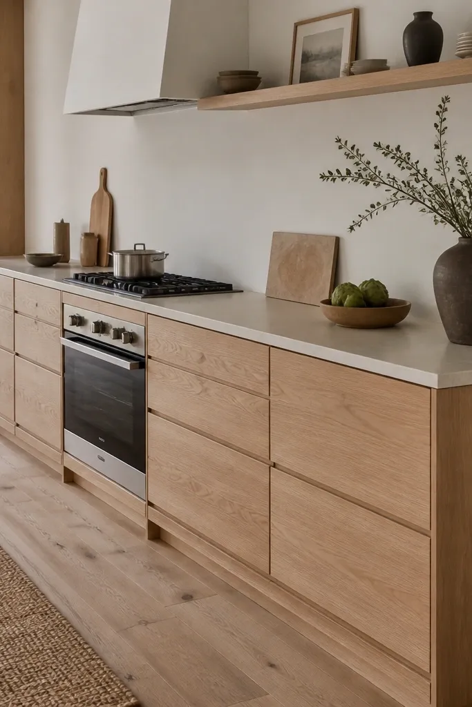 Narrow kitchen run with white oak cabinets that have exposed side panels and a more open visual feel. The counter looks light and airy with no heavy bulk at the ends. There are no upper cabinets on one section, replaced by a long white oak floating shelf above.