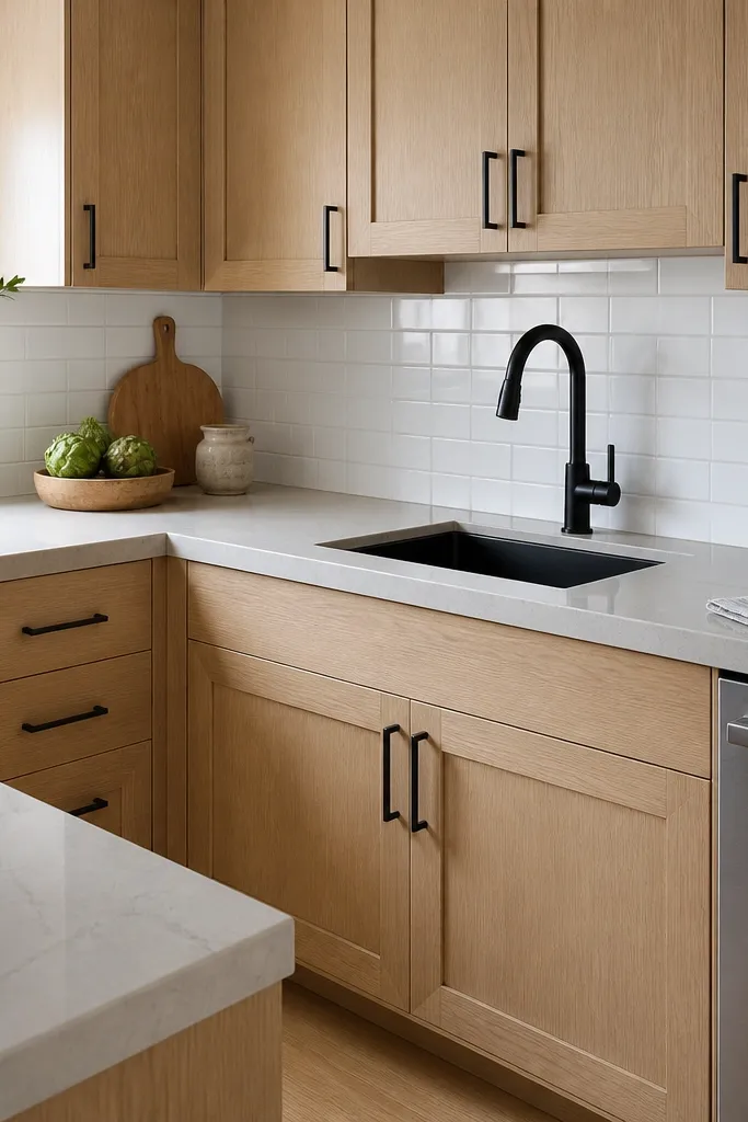 Compact kitchen with light white oak cabinets in shaker style. Countertops are light gray quartz with subtle veining. The sink is a black undermount with a black faucet, and the backsplash is white tile with a pale gray grout line.