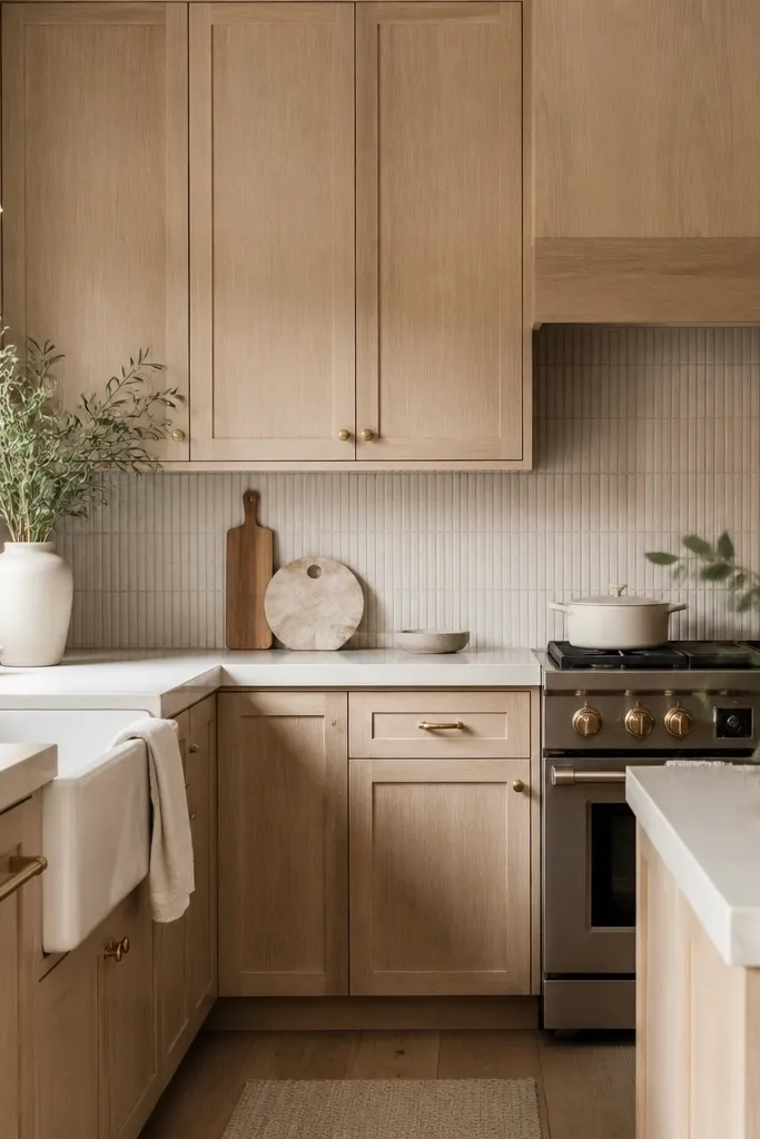 Small kitchen with white oak cabinets everywhere - uppers and lowers. The backsplash is a thin, light linen-toned tile strip. Hardware is brushed brass, and the countertop is warm white.