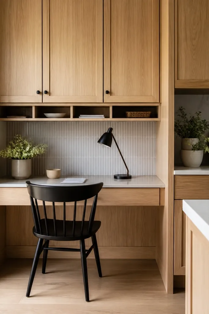 Kitchen with white oak cabinets and a small built-in desk nook beneath a run of uppers. The desk surface is a lighter wood or laminate, with a small black task lamp. There's a narrow backsplash behind the desk and open cubbies for mail.