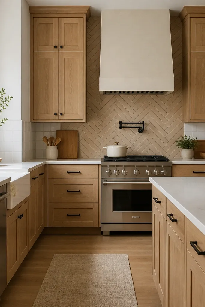 Compact kitchen with white oak cabinets in shaker style. The stove wall has a herringbone backsplash in a light oak tone, with small-format tiles. The rest of the kitchen has plain white backsplash. Hardware is black and countertops are warm white.