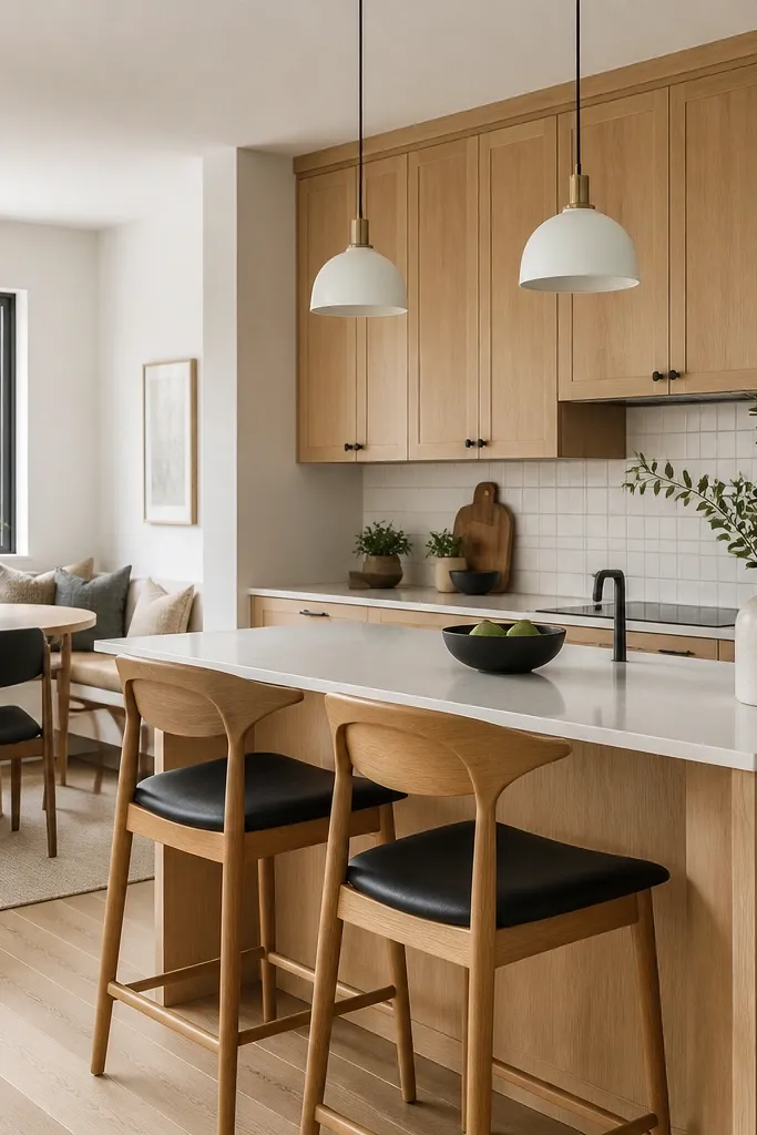 Small kitchen with a peninsula in front of a dining nook. White oak cabinets wrap the peninsula. Two-tone bar stools have light wood frames and black seats. The backsplash is white tile, and pendant lights hang over the peninsula.