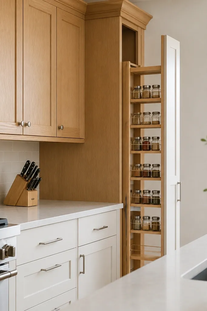 Small kitchen with white oak recessed panel uppers. The lowers have shaker doors. A narrow spice pull-out is visible inside a tall pantry drawer area. Hardware is satin nickel, and the counters are clear with a single knife block.