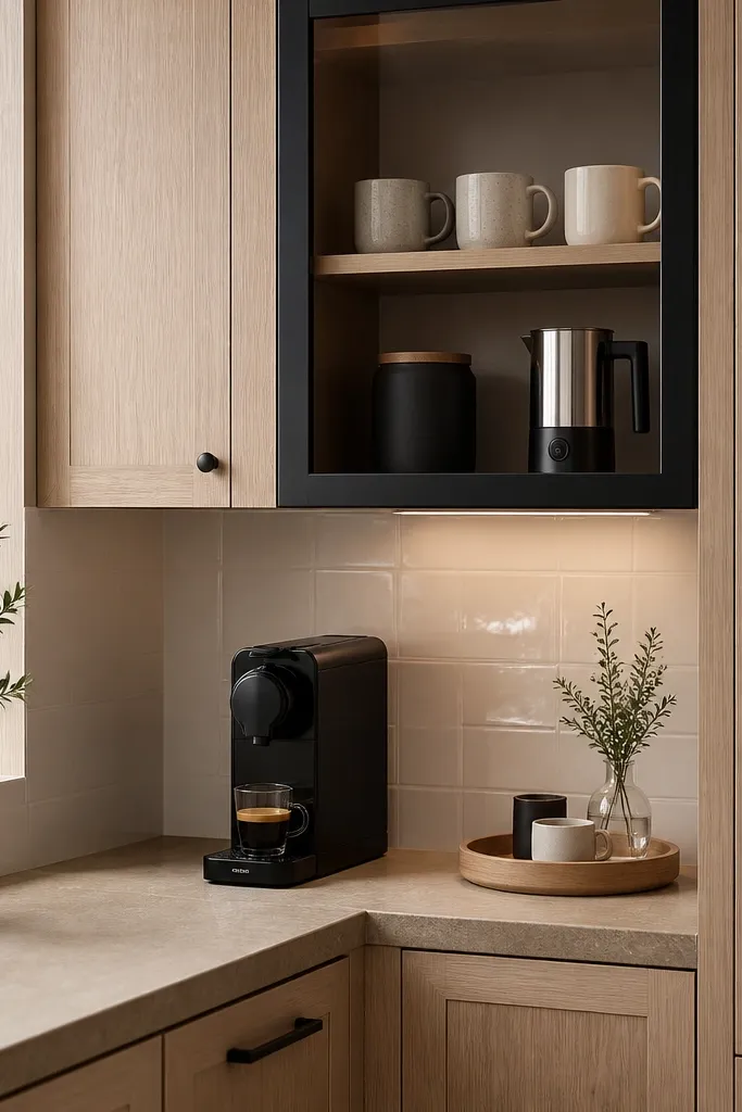 Kitchen corner coffee station with white oak cabinets. One upper cabinet has a black framed glass door. Inside are mugs stacked neatly, a small coffee canister, and a milk frother. The backsplash is light white tile and the countertop is warm beige.