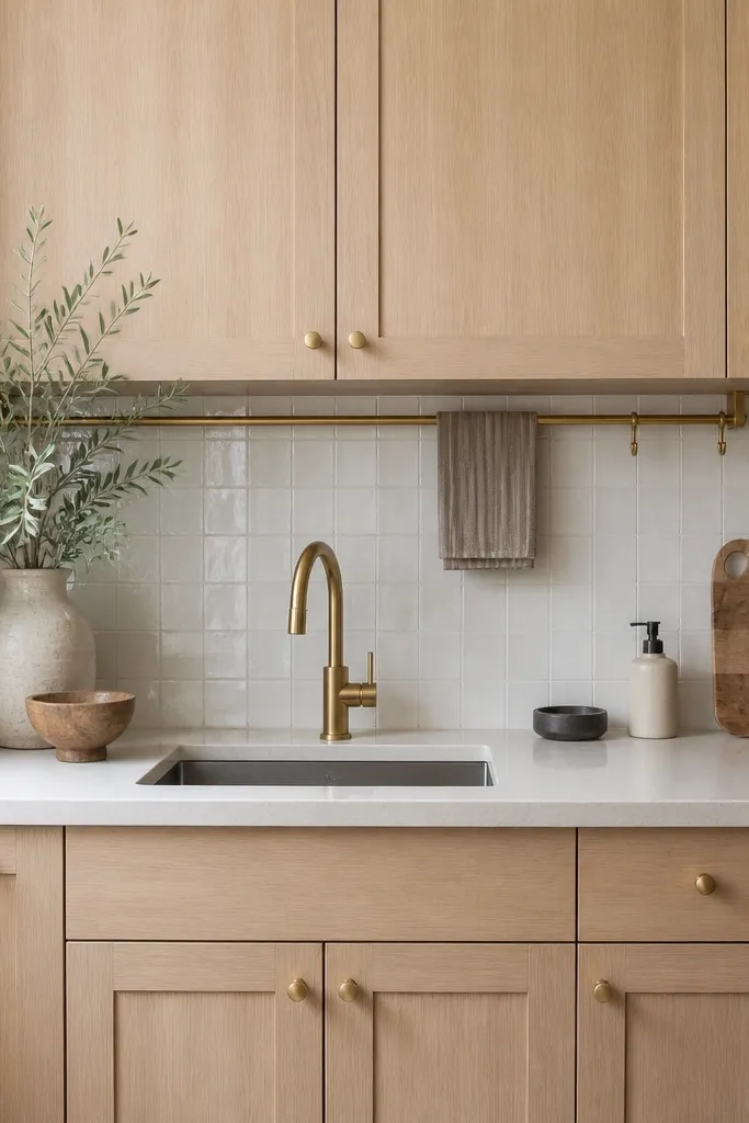 Compact kitchen with white oak shaker cabinets. A light brass rail runs under an upper cabinet run, with an open niche for a folded hand towel. The backsplash is creamy white tile, and the countertop is light stone. Hardware is also light brass.