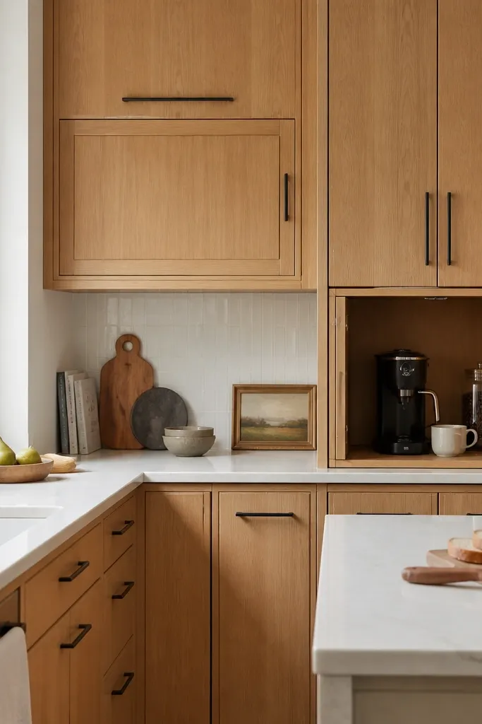 Small kitchen with white oak cabinet doors that close over a microwave. An appliance garage is built into the cabinet run with a flush microwave door. The backsplash is simple and light, and hardware is minimal black bar pulls.