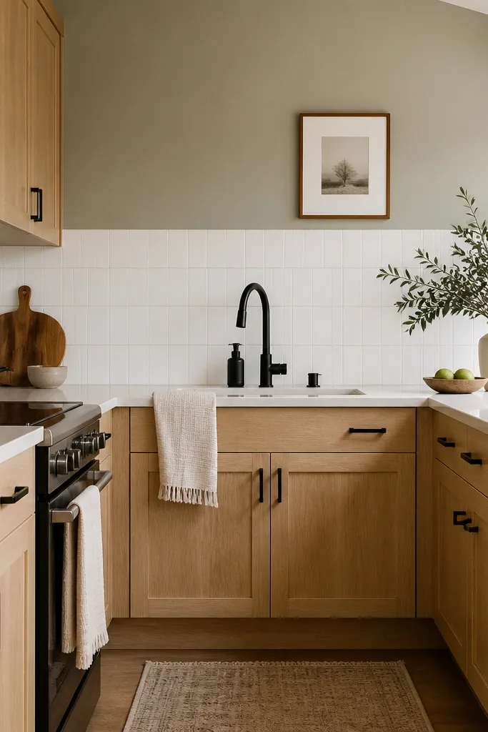 Compact kitchen with white oak cabinets and a two-tone backsplash. White tile runs from counter up to about chair rail height, then a different panel or paint color continues above. Hardware is black, countertops are warm white, and the wall has a clean horizontal transition line.