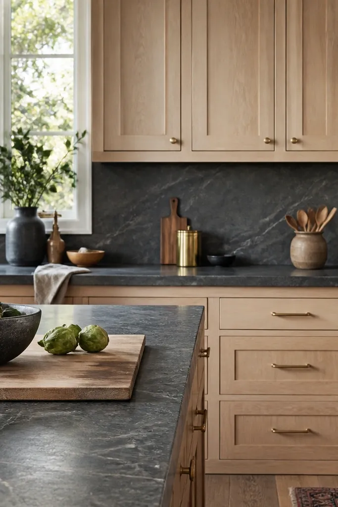 Shaker-style white oak cabinets with visible grain and a light satin finish. Counters are dark smoked stone with faint gray-brown movement. Brushed brass cup pulls and knobs sit on drawers and doors. Backsplash is a cream glazed tile, and a warm wood stool is visible near the dining side.