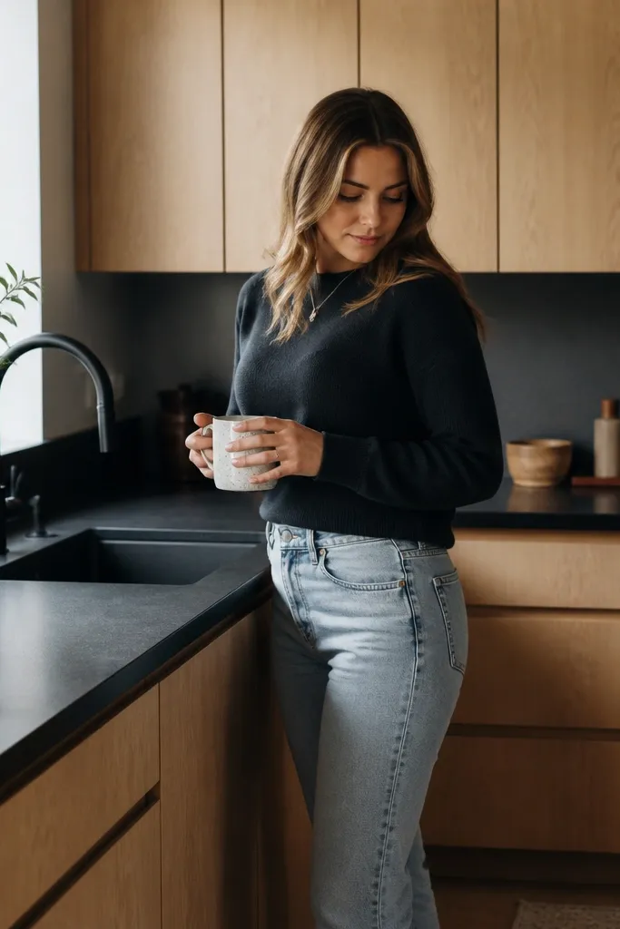 Minimal flat-panel white oak cabinets with a smooth, consistent grain. Charcoal quartz counters with a soft mottled texture. Matte black sink faucet and a matching soap dispenser. Backsplash is large-format off-white slab tile with thin light lines.