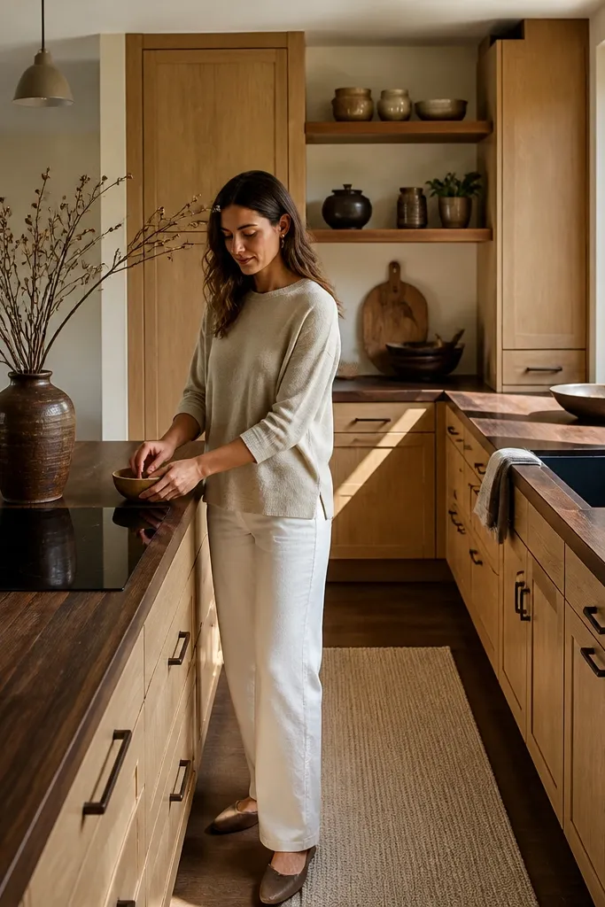 White oak cabinets in a warm light stain. Counters look like dark walnut with visible wood-like movement. Oil-rubbed bronze cabinet knobs, curved edges, and a bronze pot filler above the stove. Backsplash is white ceramic tile with a small warm speckle.
