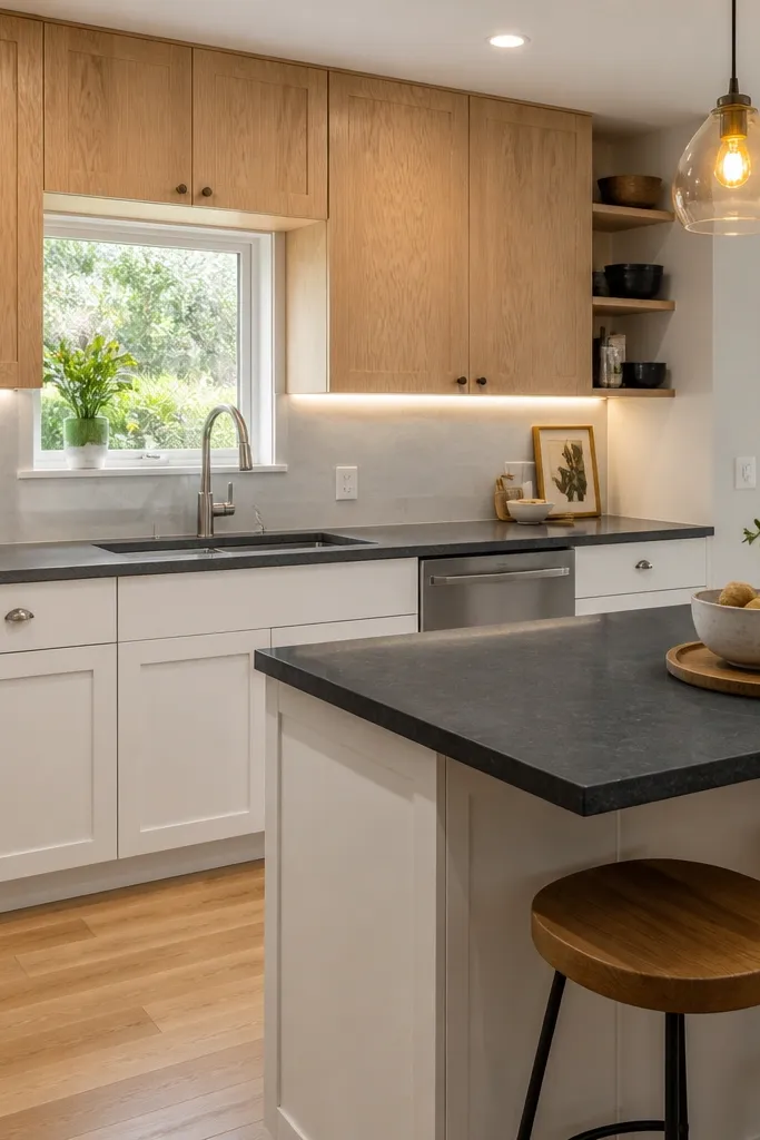 Upper cabinets are white oak with glass-front doors. Dark counters run under the uppers. Lower cabinets are bright white shaker style. Hardware on lowers is brushed nickel, while uppers have simple brushed brass knobs. Light wood shelves hold dishware.